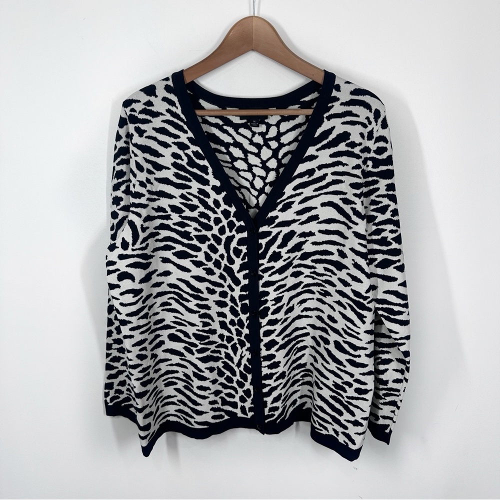 Dialogue Zebra Print Cardigan Sweater 1X Navy Blue White